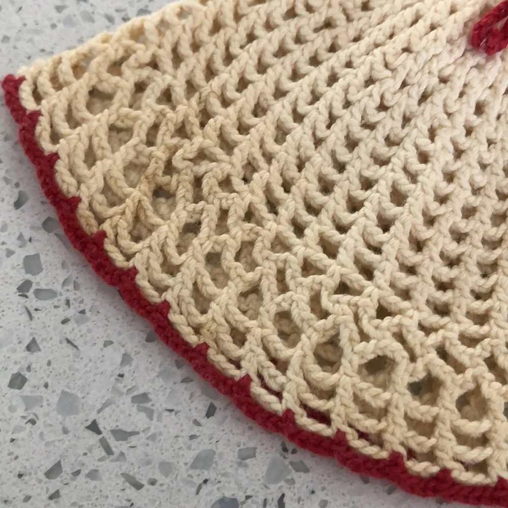 Vintage 50’s doll/kitchen hand crocheted red and cream dress